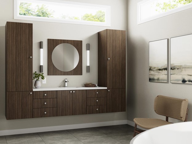 A floating bathroom vanity. Floating vanities are ideal for smaller bathrooms or powder rooms where space is limited.